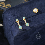 Auqa Green Opal Ear Jacket in Sterling Silver, Silver or Gold, Lab Opal Bezel Earrings, Front and Back Green Opal Earrings