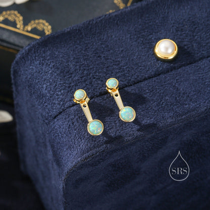 Auqa Green Opal Ear Jacket in Sterling Silver, Silver or Gold, Lab Opal Bezel Earrings, Front and Back Green Opal Earrings