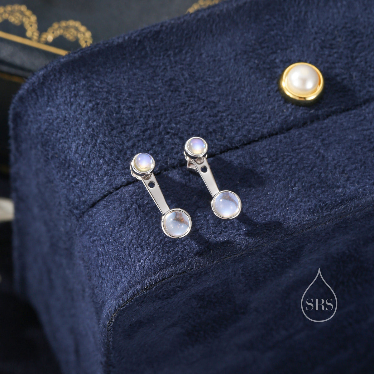 Sale!Moonstone Ear Jacket in Sterling Silver, Silver or Gold, Lab Moonstone Bezel Earrings, Front and Back Earrings