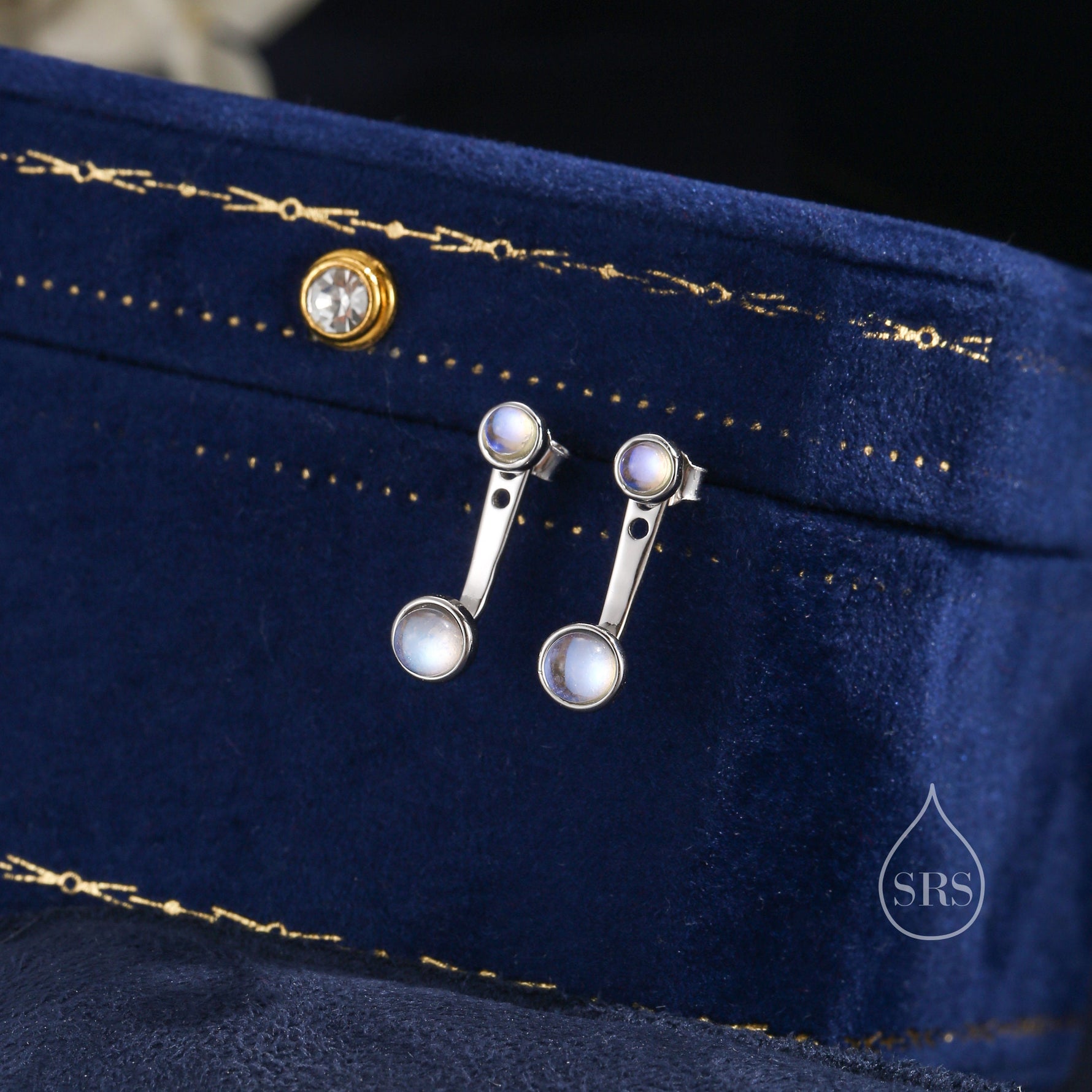Sale!Moonstone Ear Jacket in Sterling Silver, Silver or Gold, Lab Moonstone Bezel Earrings, Front and Back Earrings