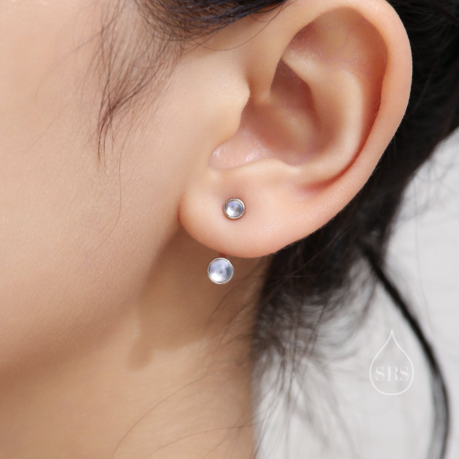 Sale!Moonstone Ear Jacket in Sterling Silver, Silver or Gold, Lab Moonstone Bezel Earrings, Front and Back Earrings