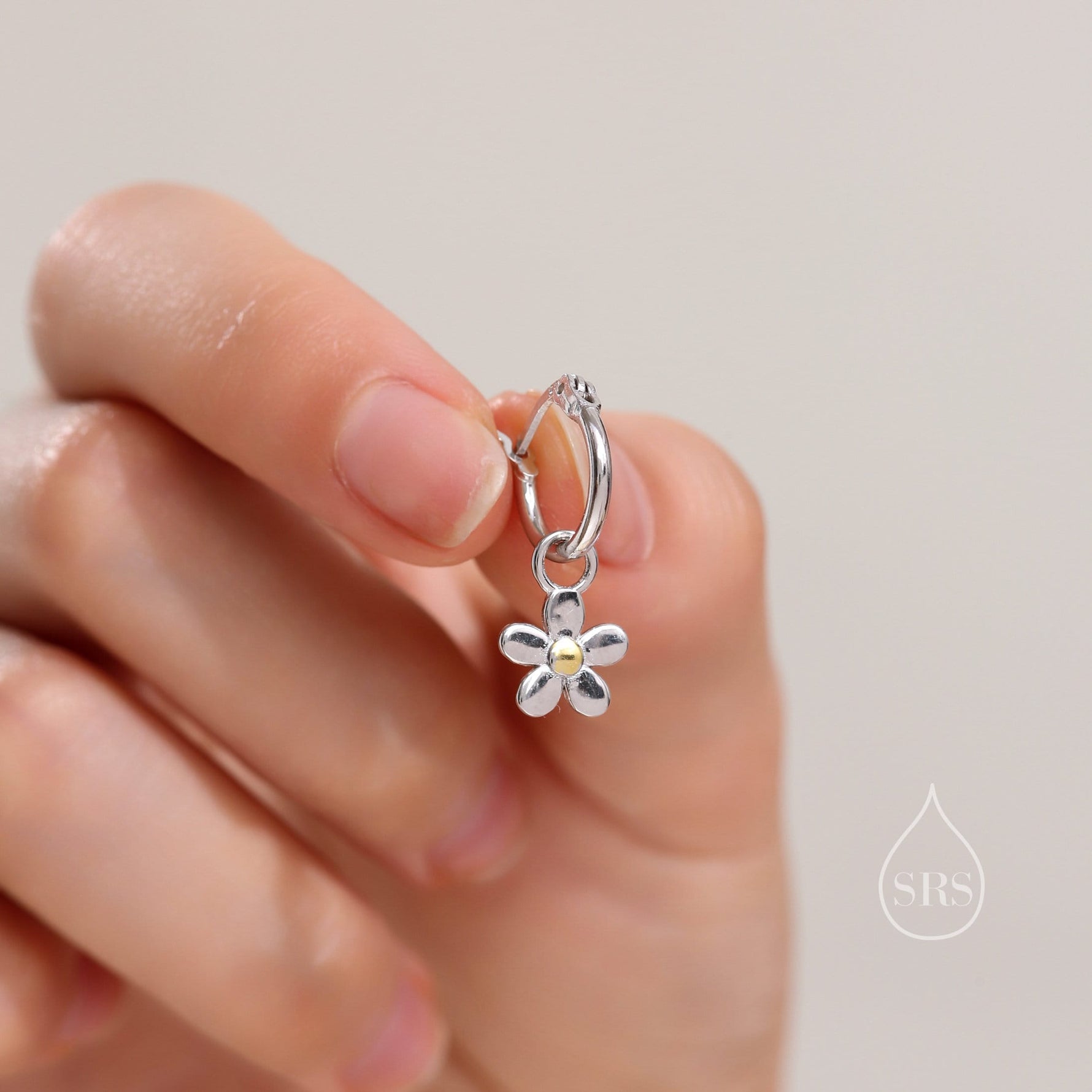 Daisy Dangle Drop Huggie Hoop in Sterling Silver, Partial Gold, Flower hoop Earrings, Forget Me Not Floral Earrings, 8mm Inner Diameter