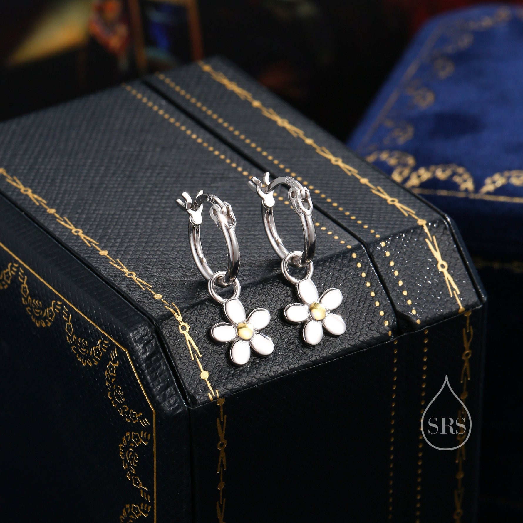 Daisy Dangle Drop Huggie Hoop in Sterling Silver, Partial Gold, Flower hoop Earrings, Forget Me Not Floral Earrings, 8mm Inner Diameter