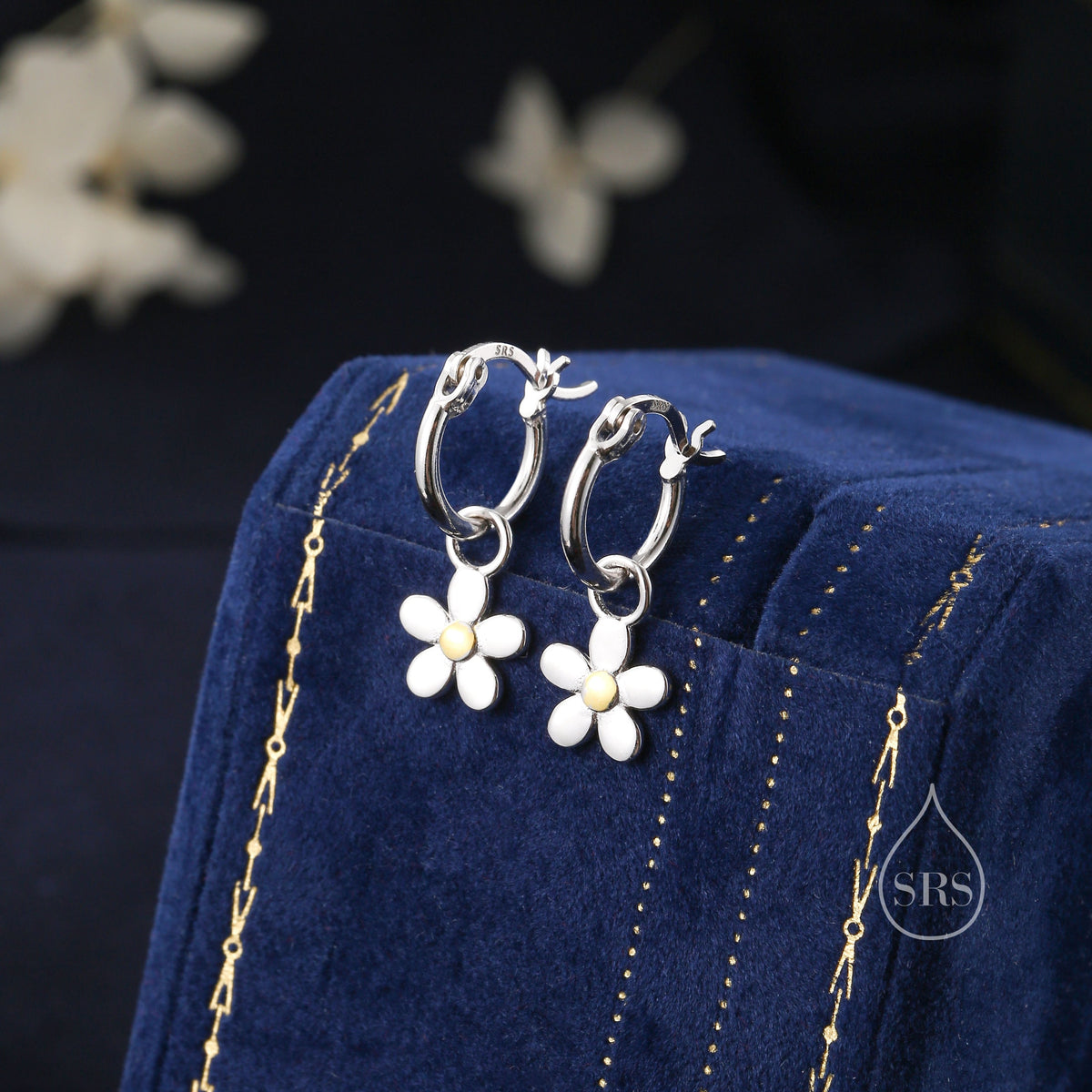 Daisy Dangle Drop Huggie Hoop in Sterling Silver, Partial Gold, Flower hoop Earrings, Forget Me Not Floral Earrings, 8mm Inner Diameter