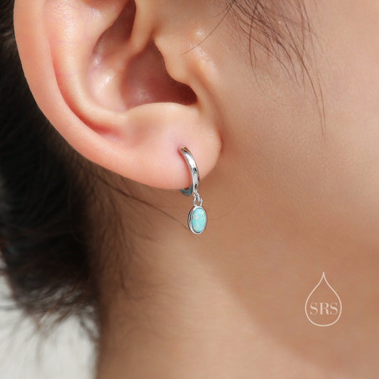 Sterling Silver Dangling Oval Aqua Green Opal Hoop Earrings, Green Opal Charm Dangle Hoop Earrings, Silver or Gold