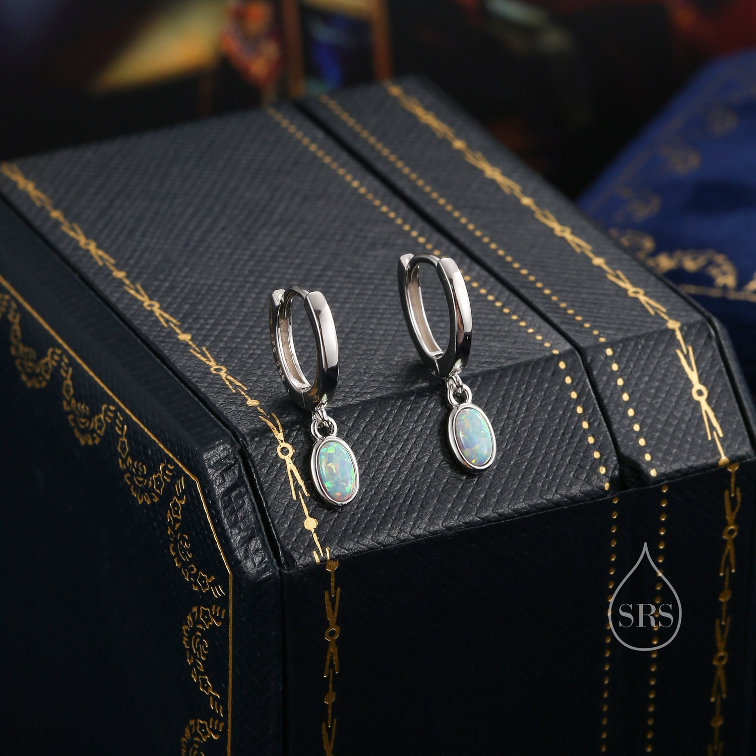 Sterling Silver Dangling Oval White Opal Hoop Earrings,  Fire Opal Charm Dangle Hoop Earrings, Silver or Gold