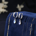 Sterling Silver Dangling Oval Moonstone Hoop Earrings, Lab Moonstone Charm Dangle Hoop Earrings, Silver or Gold