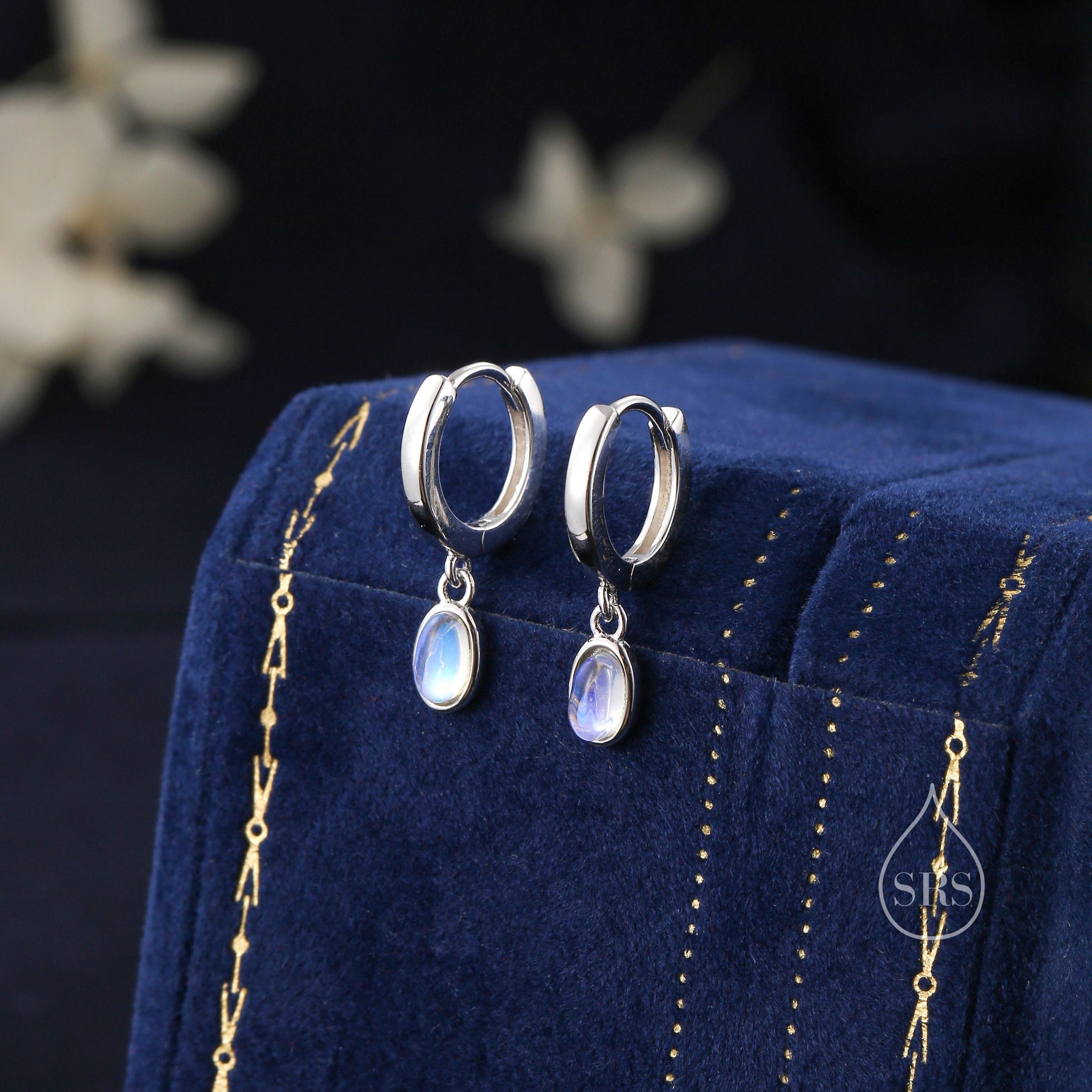 Sterling Silver Dangling Oval Moonstone Hoop Earrings, Lab Moonstone Charm Dangle Hoop Earrings, Silver or Gold