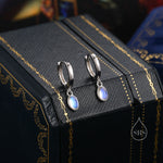 Sterling Silver Dangling Oval Moonstone Hoop Earrings, Lab Moonstone Charm Dangle Hoop Earrings, Silver or Gold