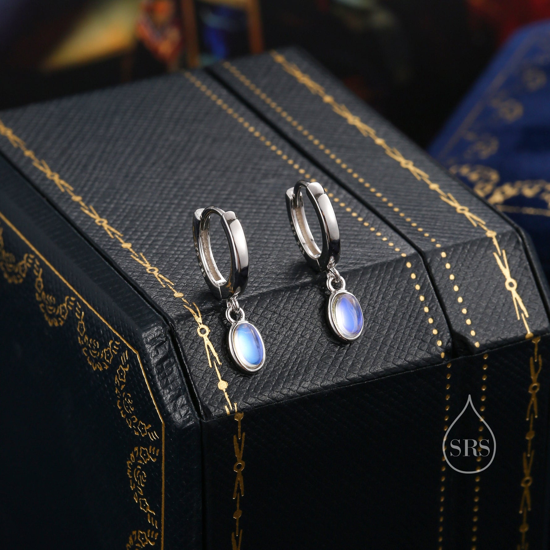 Sterling Silver Dangling Oval Moonstone Hoop Earrings, Lab Moonstone Charm Dangle Hoop Earrings, Silver or Gold