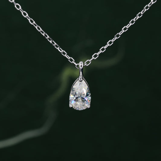 1 Carat Moissanite Solitaire Pear Cut Pendant Necklace  in Sterling Silver, 1 Ct Moissanite Diamond Droplet Necklace, 5x8mm Moissanite