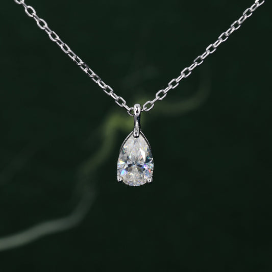 1 Carat Moissanite Solitaire Pear Cut Pendant Necklace  in Sterling Silver, 1 Ct Moissanite Diamond Droplet Necklace, 4x7mm Moissanite