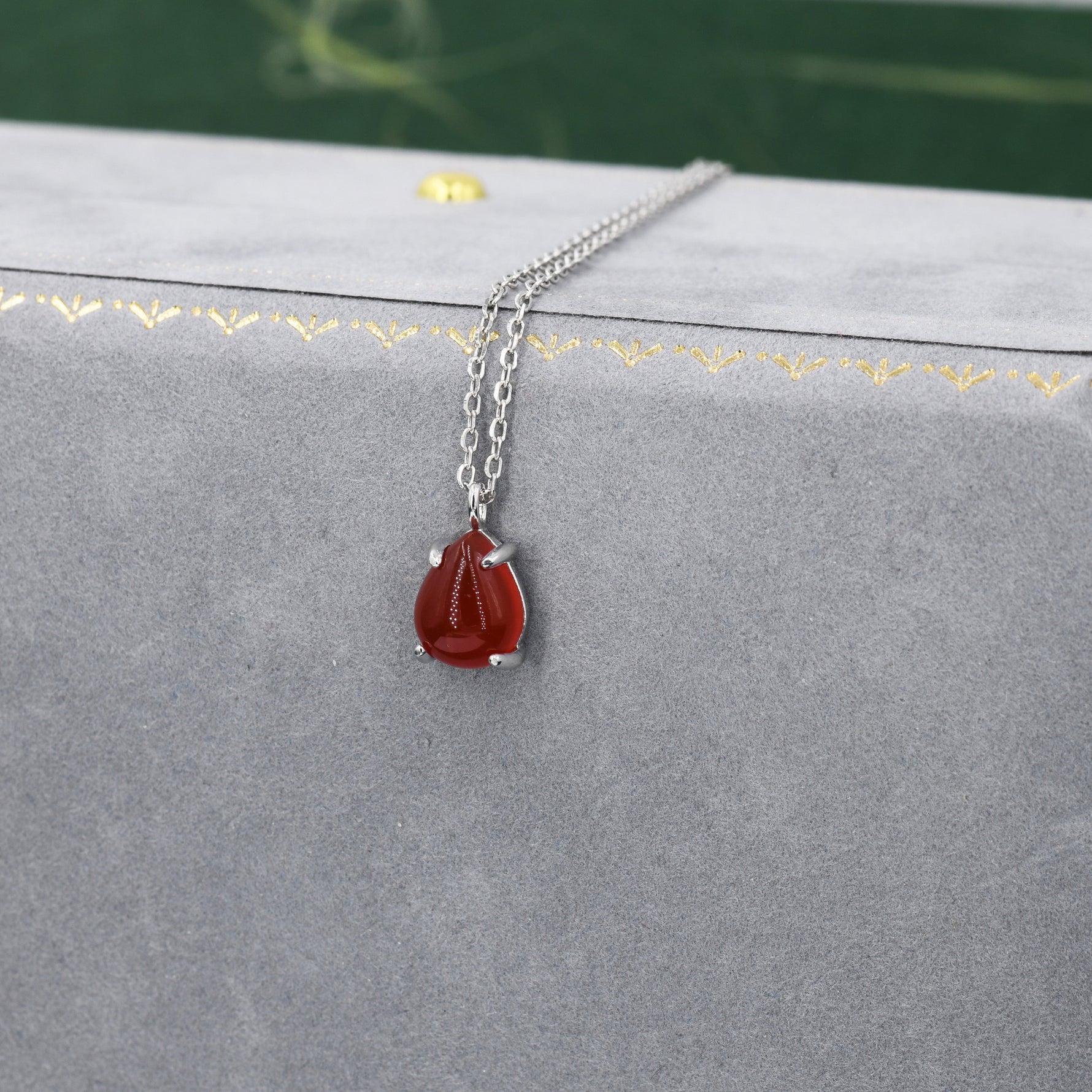 Genuine Red Carnelian Pear Necklace in Sterling Silver, Droplet Cabochon Natural Red Onyx Necklace