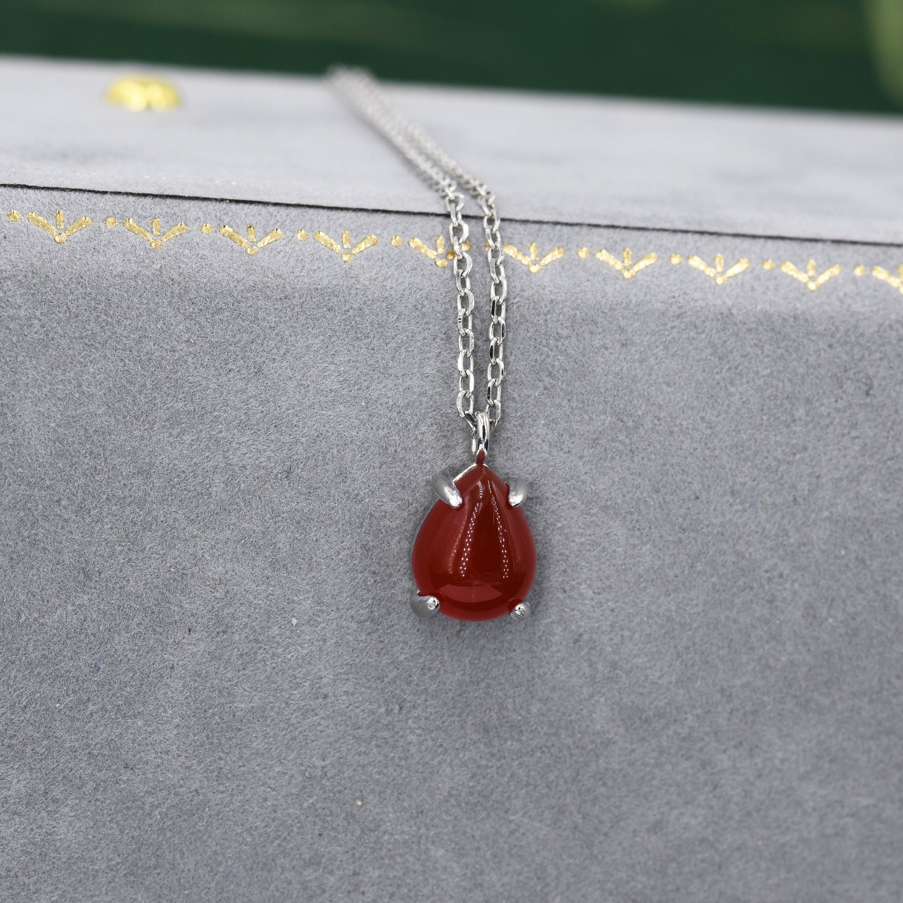 Genuine Red Carnelian Pear Necklace in Sterling Silver, Droplet Cabochon Natural Red Onyx Necklace