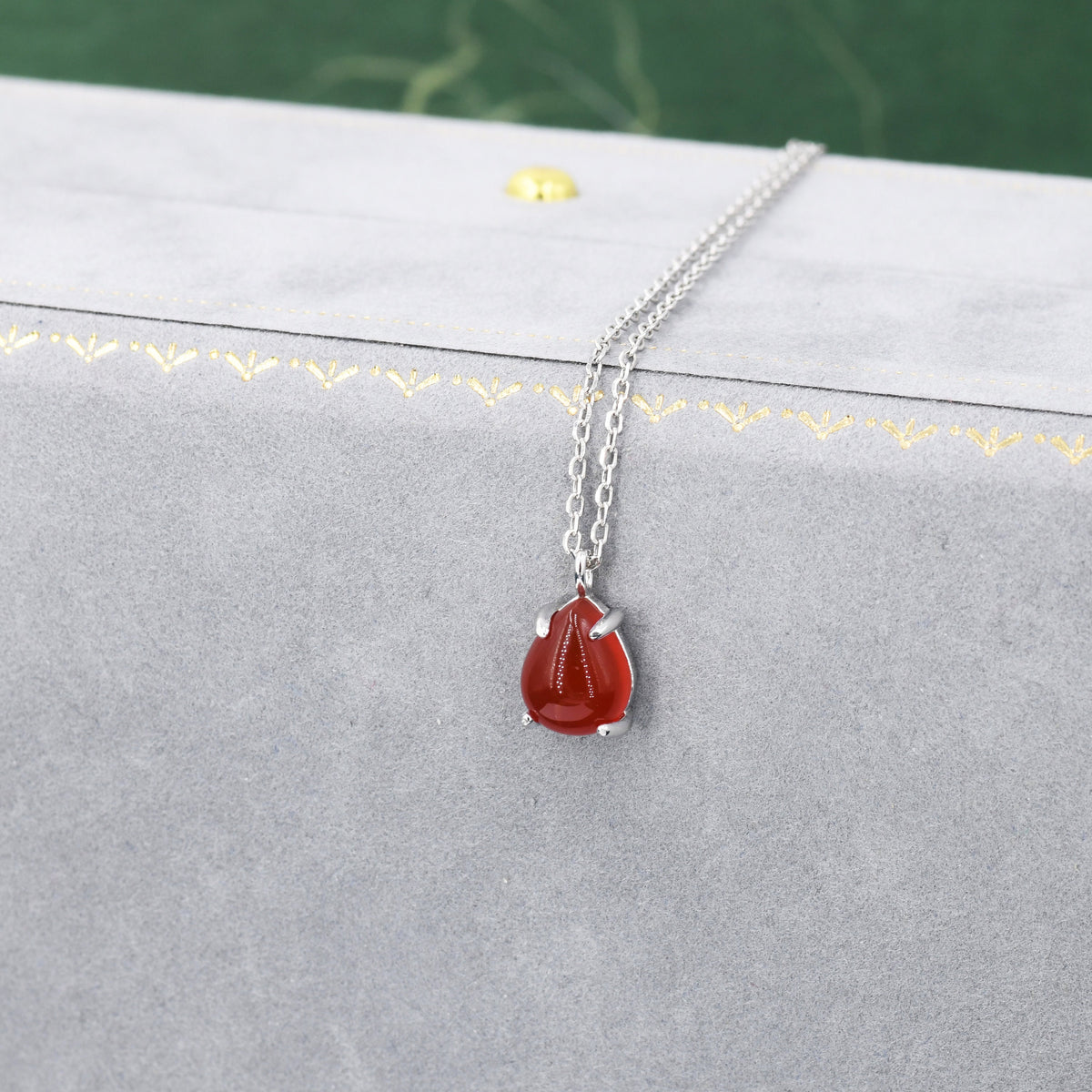 Genuine Red Carnelian Pear Necklace in Sterling Silver, Droplet Cabochon Natural Red Onyx Necklace