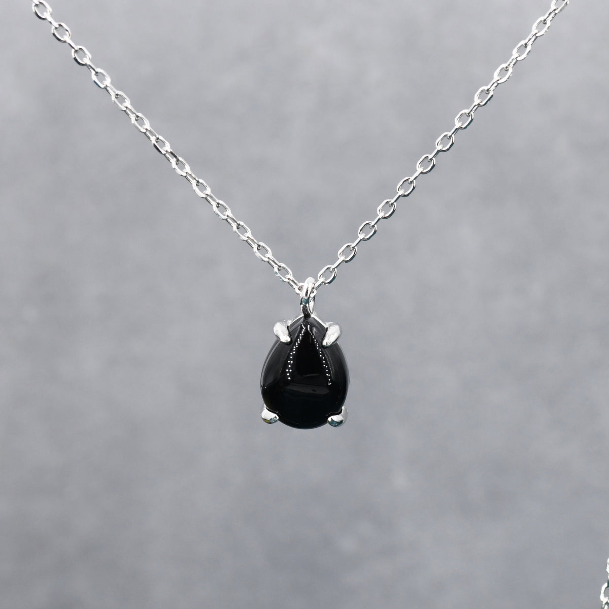 Genuine Black Onyx Pear Necklace in Sterling Silver, Droplet Cabochon Natural Black Onyx Necklace