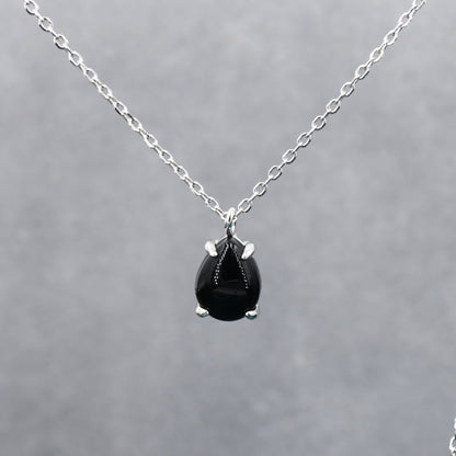 Genuine Black Onyx Pear Necklace in Sterling Silver, Droplet Cabochon Natural Black Onyx Necklace