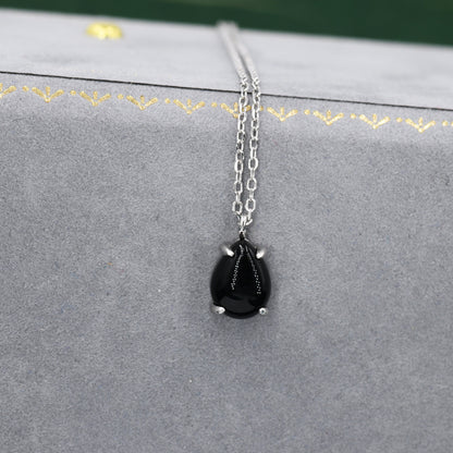 Genuine Black Onyx Pear Necklace in Sterling Silver, Droplet Cabochon Natural Black Onyx Necklace