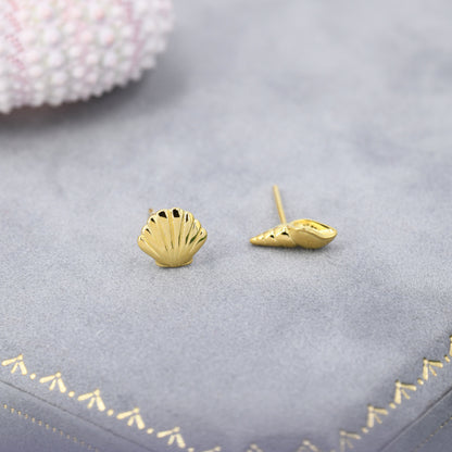 Mismatched Tiny Seashell Stud Earrings in Sterling Silver, Asymmetric Shell Earrings