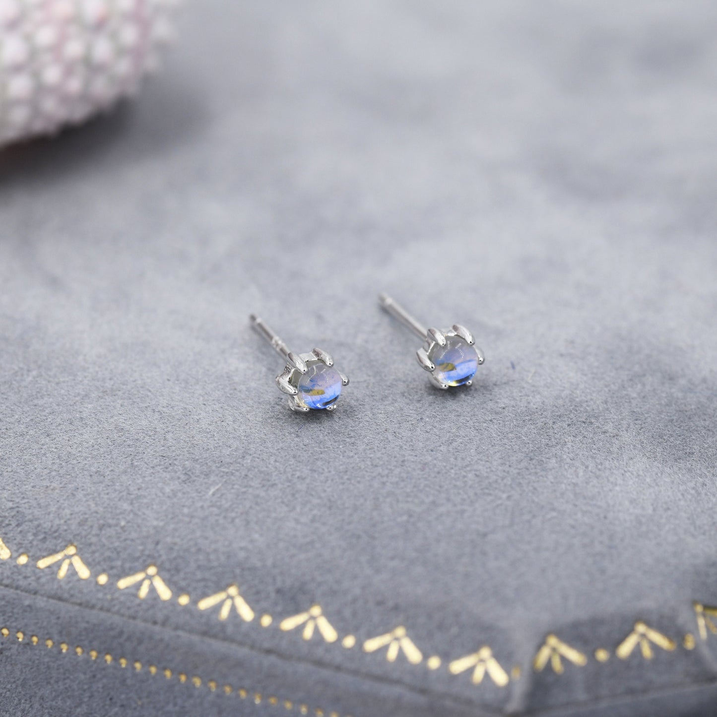 Moonstone Stud Earrings in Sterling Silver, Six Prong, Aurora Stone Stud Earrings, 3mm Aurora Crystal Dot Earrings