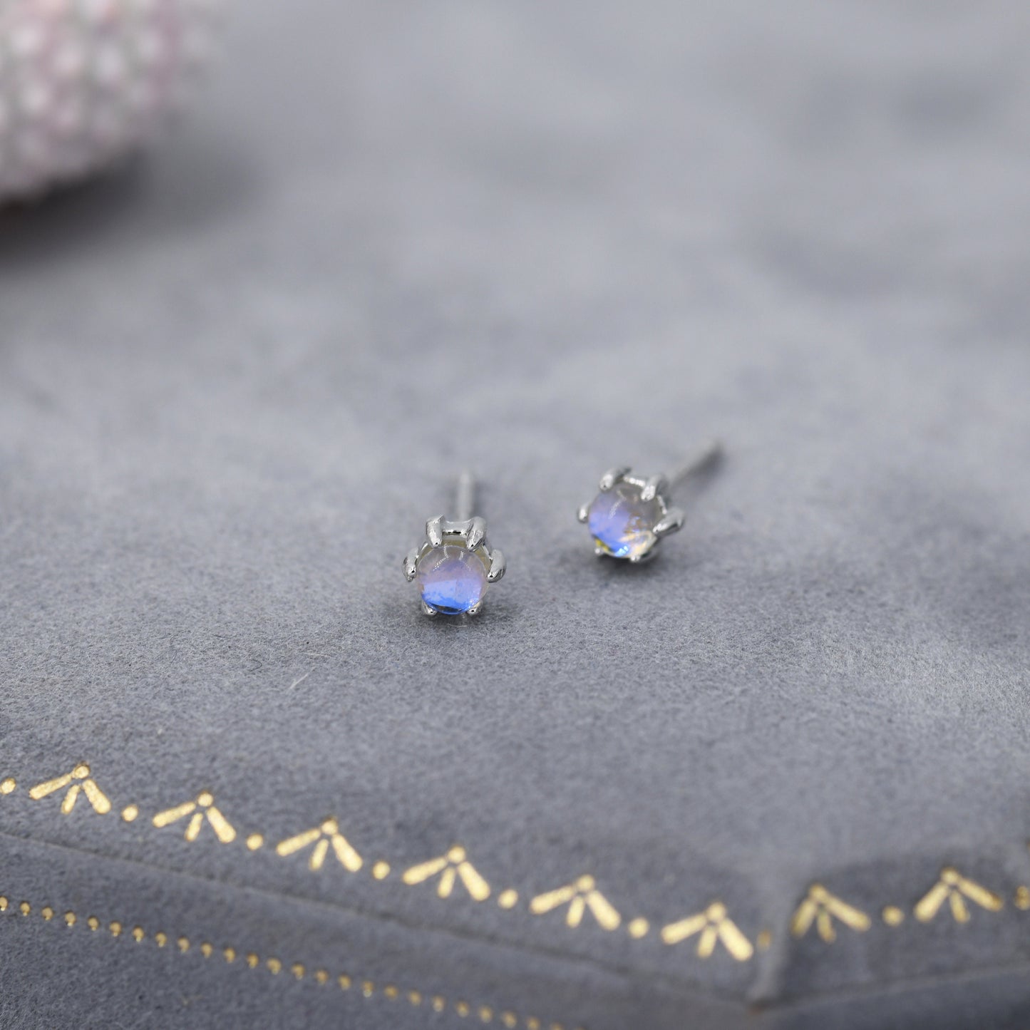 Moonstone Stud Earrings in Sterling Silver, Six Prong, Aurora Stone Stud Earrings, 3mm Aurora Crystal Dot Earrings