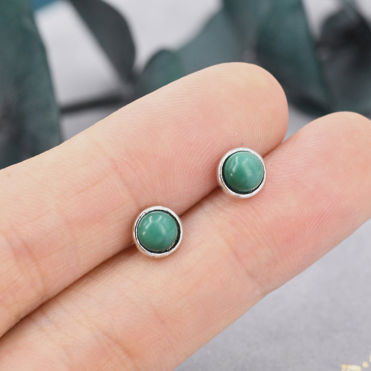 Natural Malachite Stone Stud Earrings in Sterling Silver - 5mm Genuine Malachite Stud Earrings - Semi Precious Gemstone