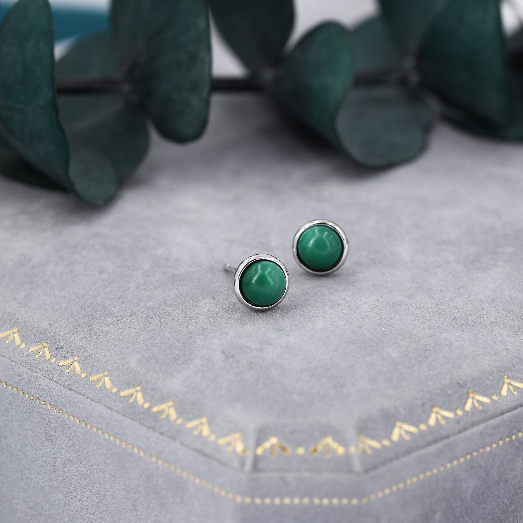Natural Malachite Stone Stud Earrings in Sterling Silver - 5mm Genuine Malachite Stud Earrings - Semi Precious Gemstone
