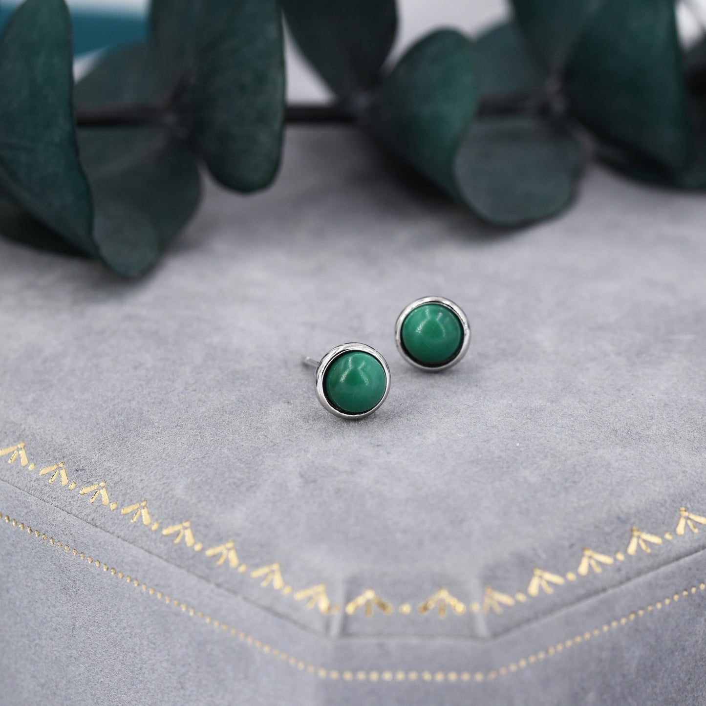 Natural Malachite Stone Stud Earrings in Sterling Silver - 5mm Genuine Malachite Stud Earrings  - Semi Precious Gemstone