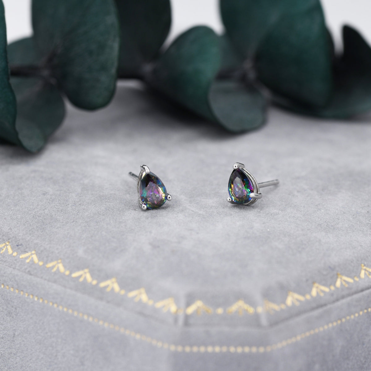 Sterling Silver Mystic Black Droplet Stud Earrings, Pear Cut Aurora Black Earrings, Mystic Topaz Birthstone CZ Earrings