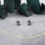 Sterling Silver Mystic Black Droplet Stud Earrings, Pear Cut Aurora Black Earrings, Mystic Topaz Birthstone CZ Earrings