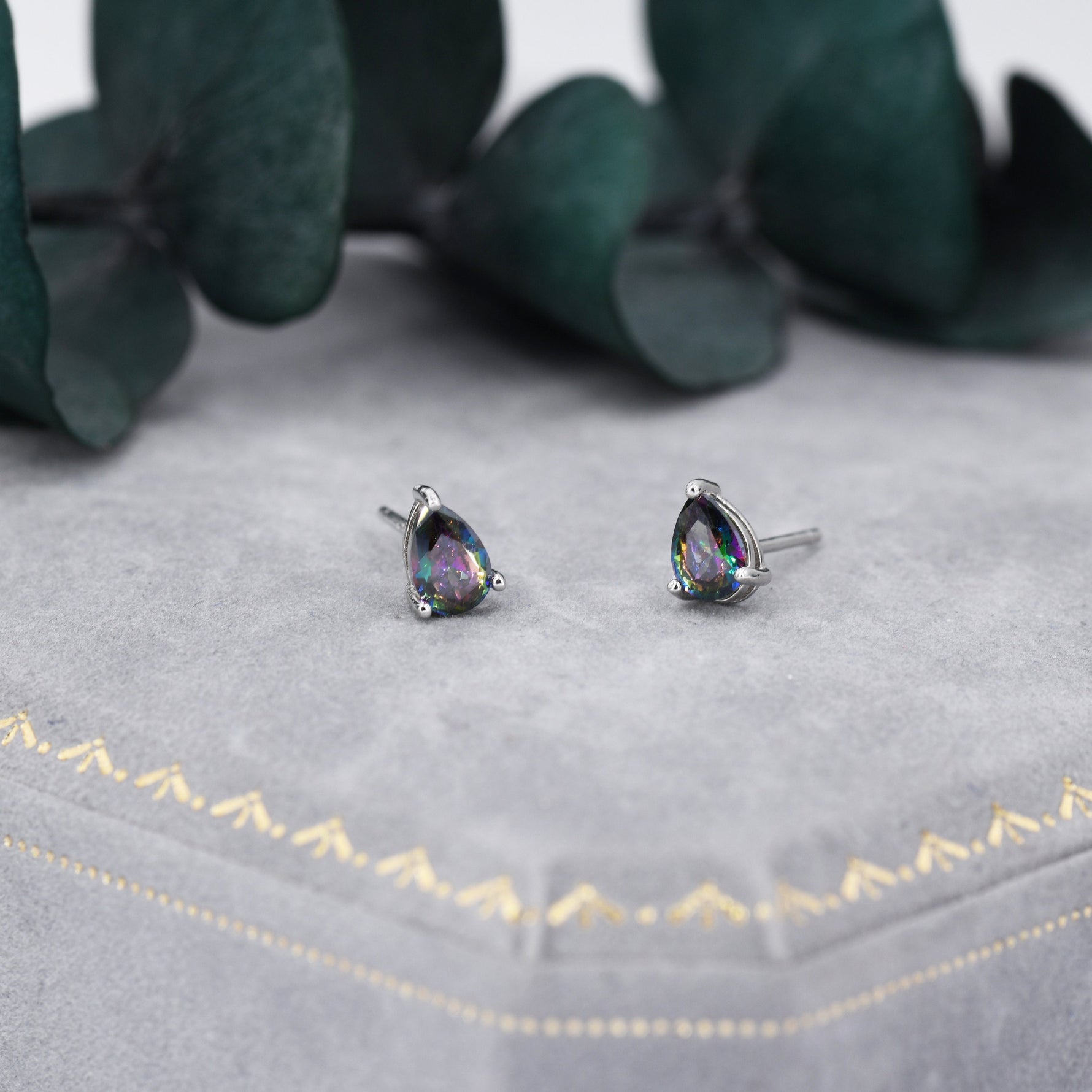 Sterling Silver Mystic Black Droplet Stud Earrings, Pear Cut Aurora Black Earrings, Mystic Topaz Birthstone CZ Earrings