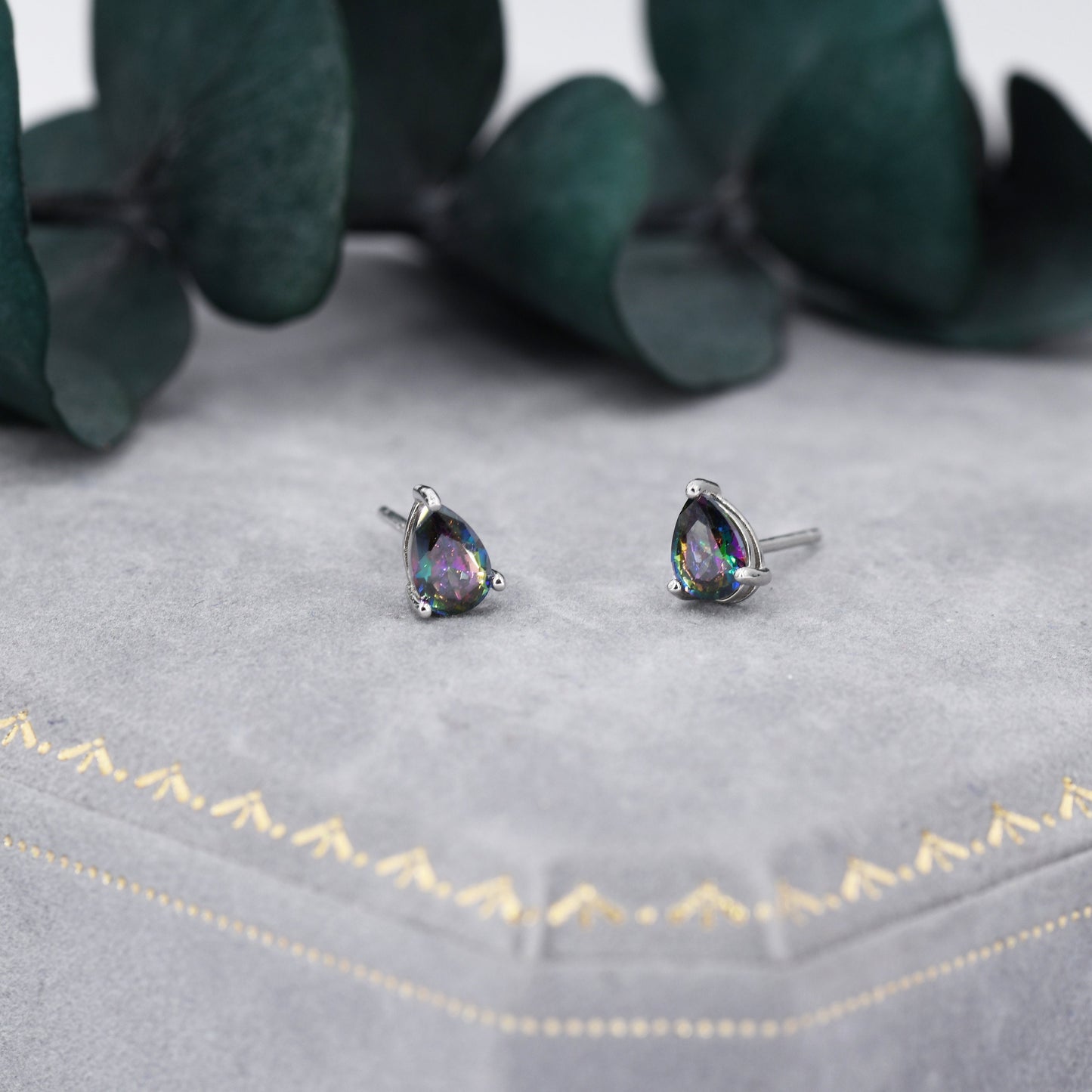 Sterling Silver Mystic Black Droplet Stud Earrings,  Pear Cut Aurora Black Earrings, Mystic Topaz Birthstone CZ Earrings