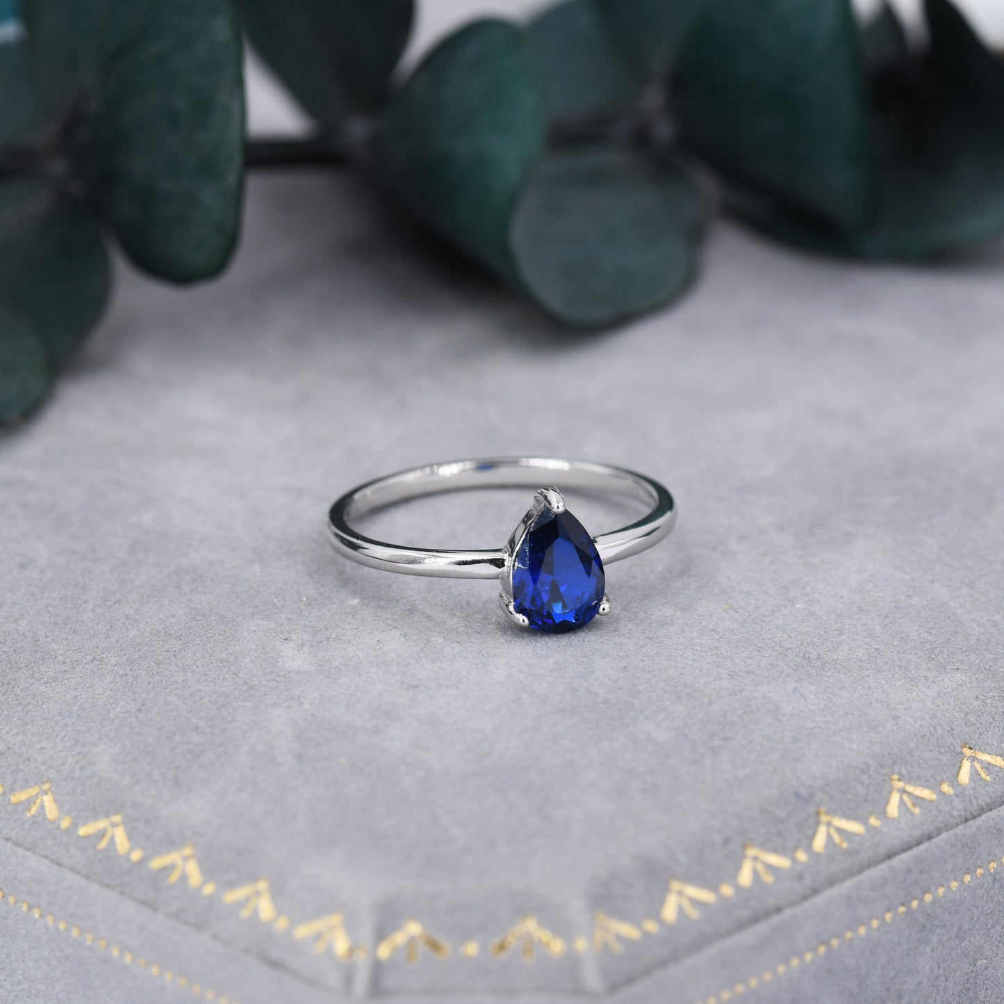 Created Blue Sapphire Droplet Ring in Sterling Silver, 5x7mm, Prong Set Pear Cut, US 5 6 7 8, Blue Corundum Ring, September Birthstone