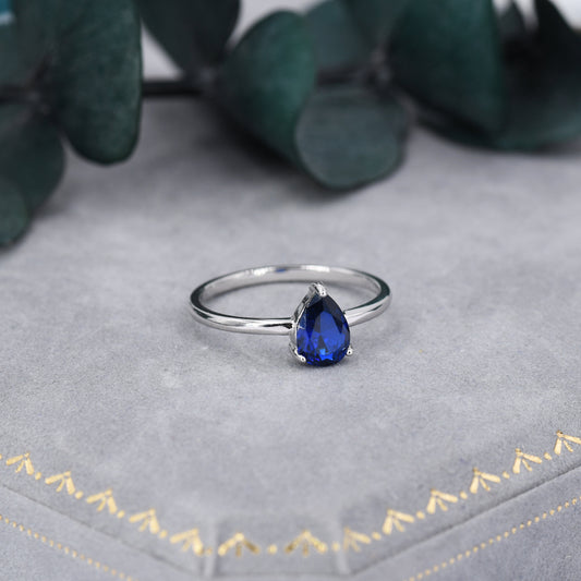 Created Blue Sapphire Droplet Ring in Sterling Silver, 5x7mm, Prong Set Pear Cut, US 5 6 7 8, Blue Corundum Ring, September Birthstone