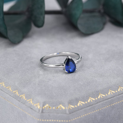 Created Blue Sapphire Droplet Ring in Sterling Silver, 5x7mm, Prong Set Pear Cut, US 5 6 7 8, Blue Corundum Ring, September Birthstone