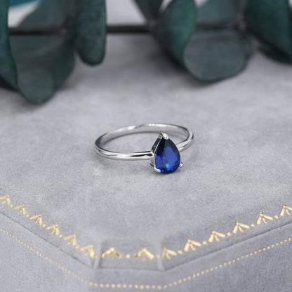 Created Blue Sapphire Droplet Ring in Sterling Silver,  5x7mm, Prong Set Pear Cut, US 5 6 7 8, Blue Corundum Ring, September Birthstone