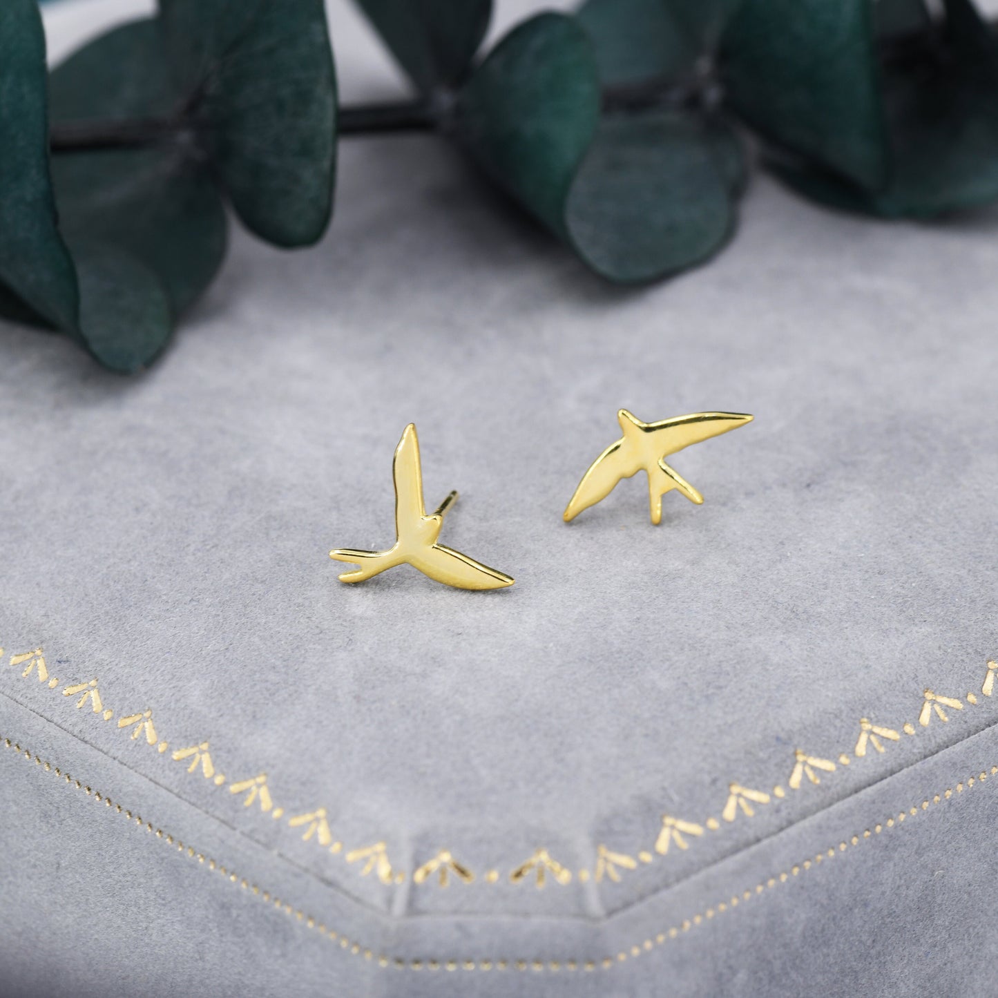 Sterling Silver Mismatched Asymmetric Swallow Bird Silhouette Stud Earrings -Silver or Gold or Rose Gold