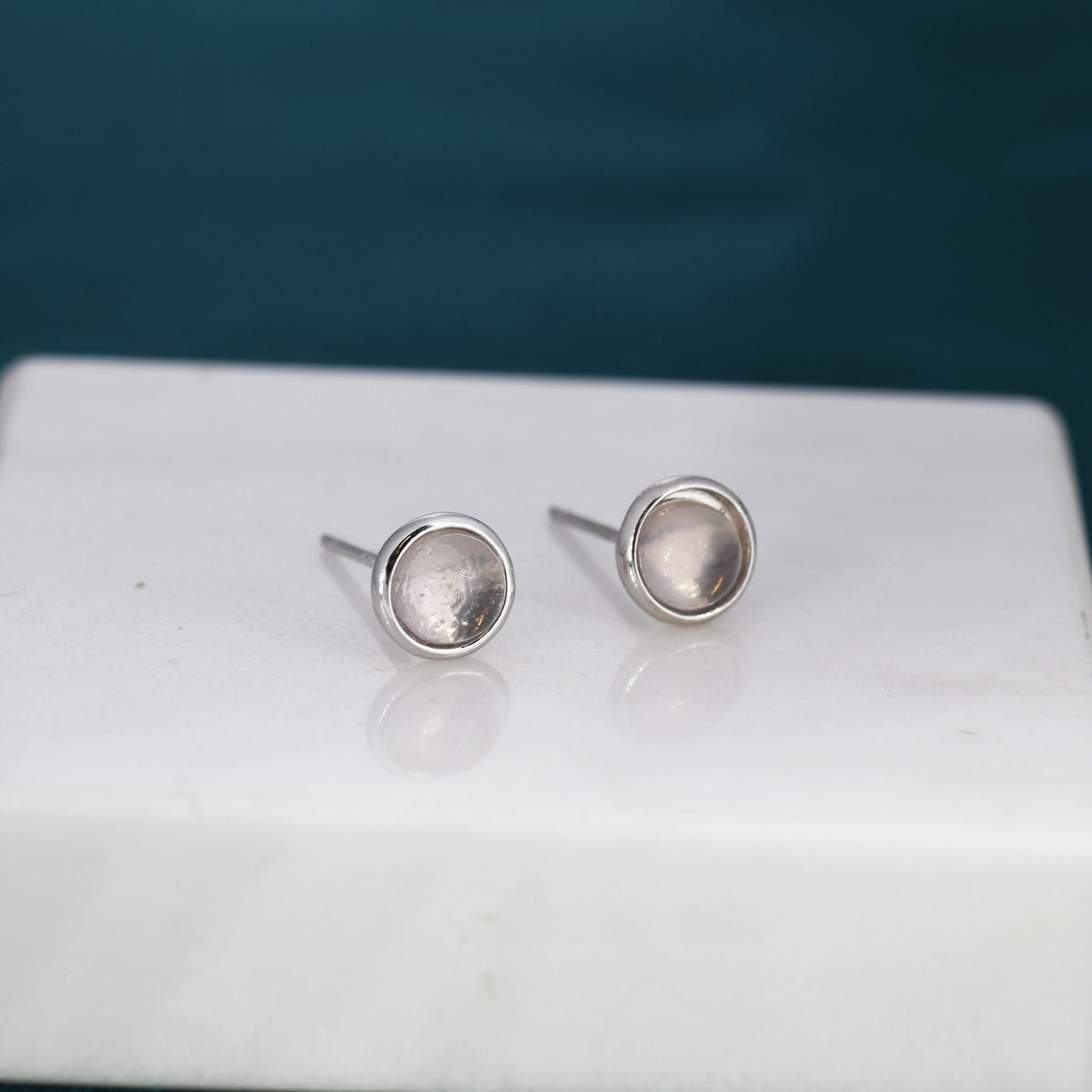 Sterling Silver Genuine Quartz Stud Earrings, 4mm or 5mm, Genuine Quartz Crystal Stud with Rose Tint, Bezel, Minimalist Style