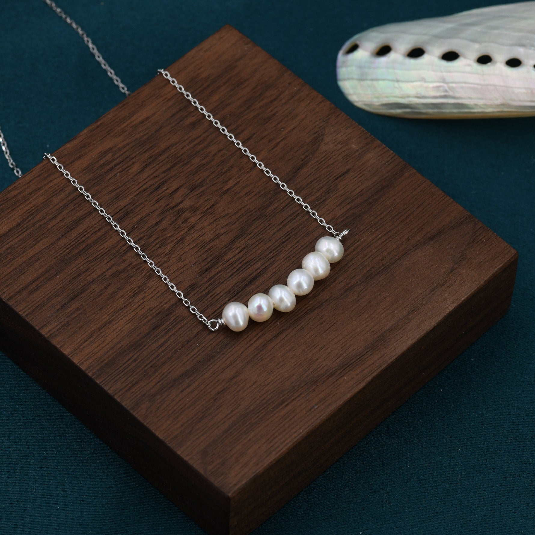 Genuine Freshwater Pearl Bar Pendant Necklace in Sterling Silver, Irregular Shaped Baroque Pearl Necklace, Delicate Keshi Pearl Necklace