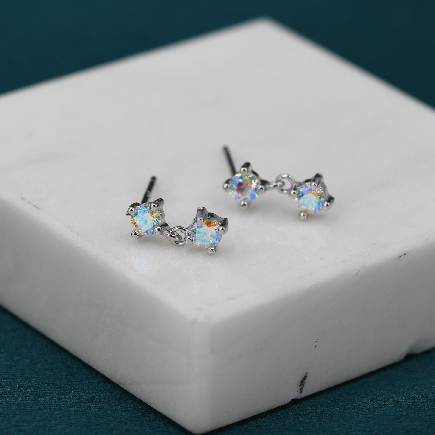 Tiny Double Aurora AB CZ Dangle Stud Earrings in Sterling Silver, Silver or Gold, Two CZ Prong Earrings,  Colour Changing Crystal Earrings