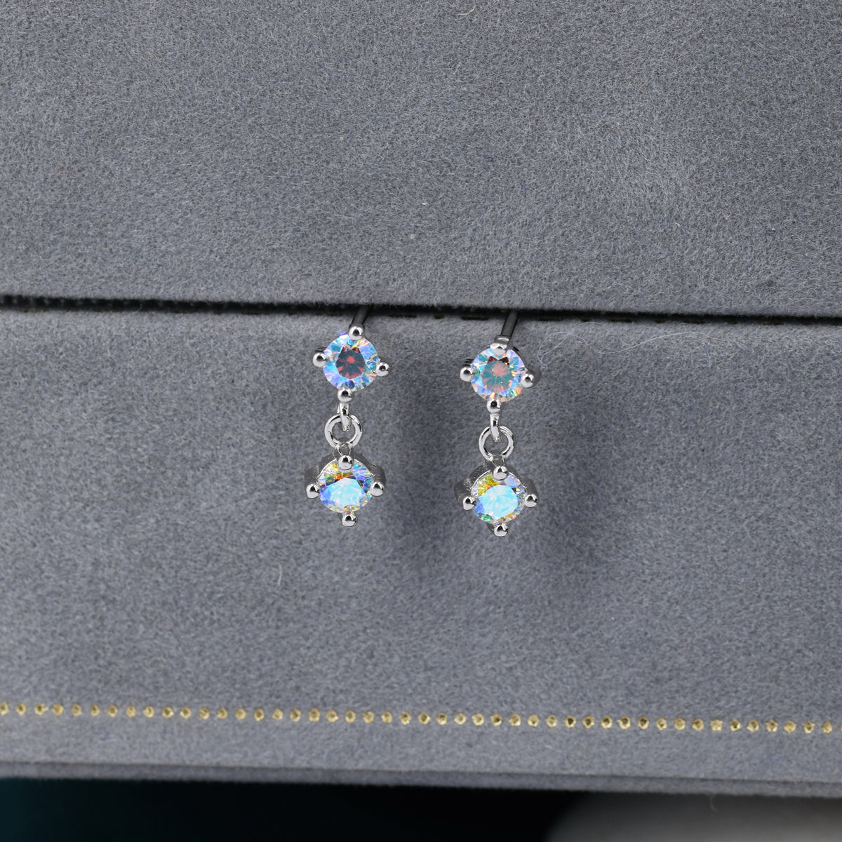 Tiny Double Aurora AB CZ Dangle Stud Earrings in Sterling Silver, Silver or Gold, Two CZ Prong Earrings, Colour Changing Crystal Earrings