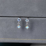 Tiny Double Aurora AB CZ Dangle Stud Earrings in Sterling Silver, Silver or Gold, Two CZ Prong Earrings, Colour Changing Crystal Earrings