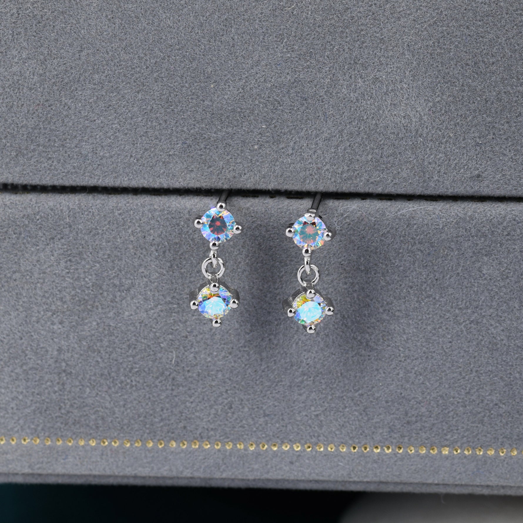 Tiny Double Aurora AB CZ Dangle Stud Earrings in Sterling Silver, Silver or Gold, Two CZ Prong Earrings, Colour Changing Crystal Earrings