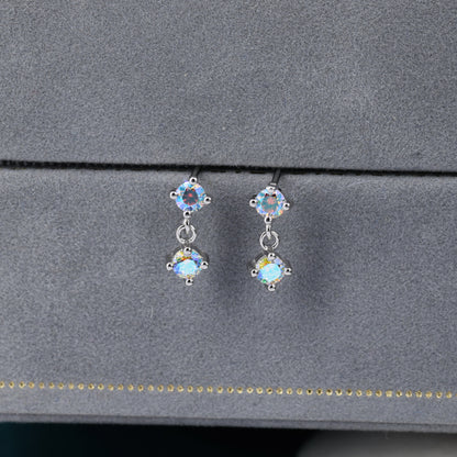 Tiny Double Aurora AB CZ Dangle Stud Earrings in Sterling Silver, Silver or Gold, Two CZ Prong Earrings,  Colour Changing Crystal Earrings