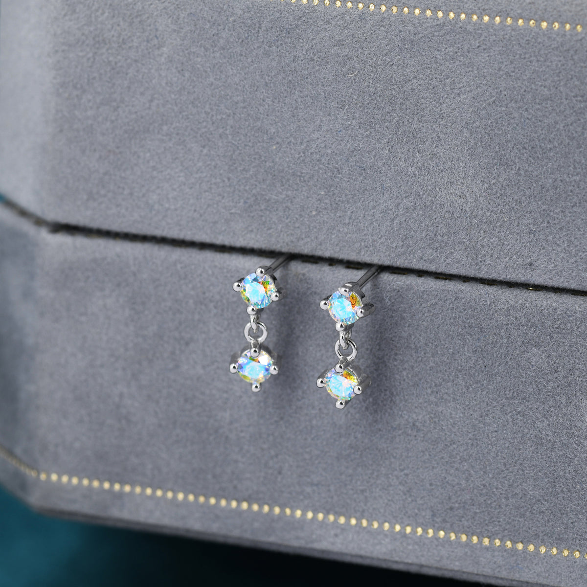 Tiny Double Aurora AB CZ Dangle Stud Earrings in Sterling Silver, Silver or Gold, Two CZ Prong Earrings, Colour Changing Crystal Earrings