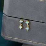 Tiny Double Aurora AB CZ Dangle Stud Earrings in Sterling Silver, Silver or Gold, Two CZ Prong Earrings, Colour Changing Crystal Earrings