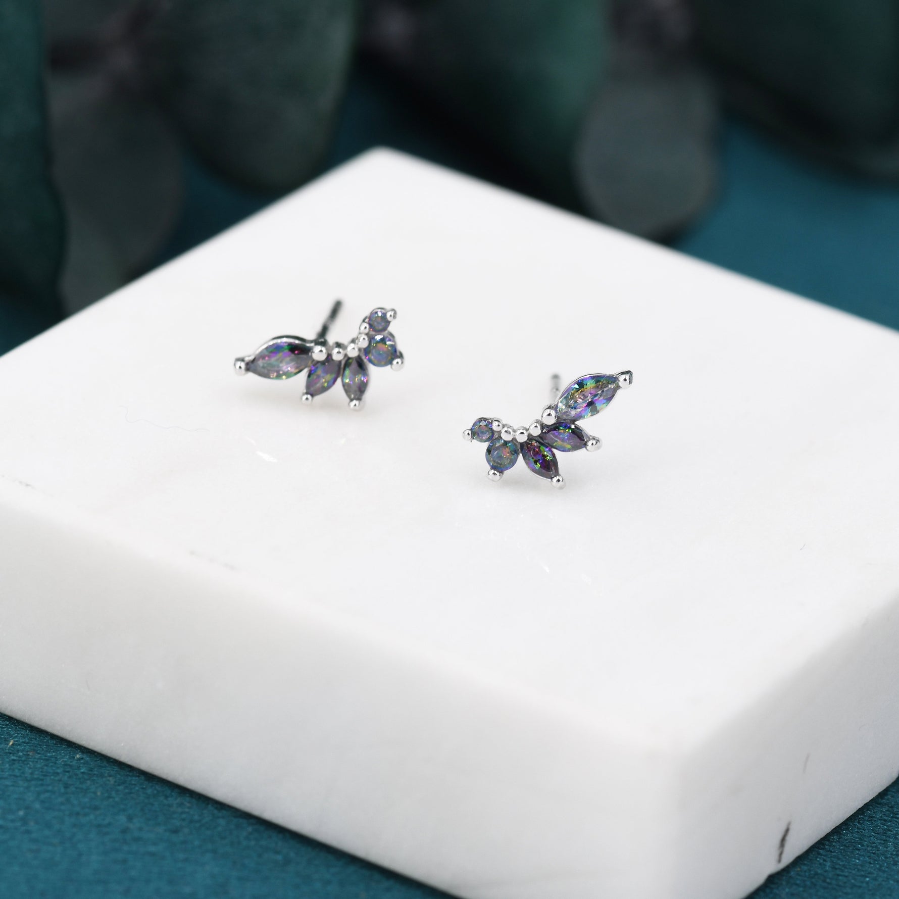 Mystic Topaz CZ Marquise Cluster Stud Earrings in Sterling Silver, Silver or Gold, Colour Changing Black Marquise Earrings, CZ Wing Earrings