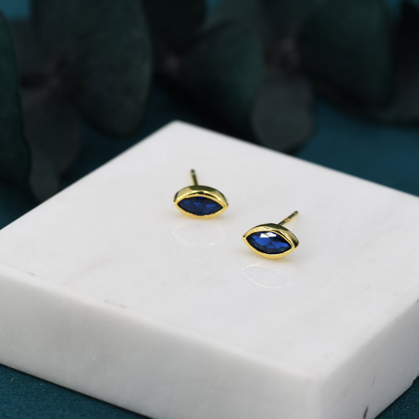 Sapphire Blue Marquise Stud Earrings in Sterling Silver, 3x6mm Simulated Sapphire, Silver or Gold, September Birthstone