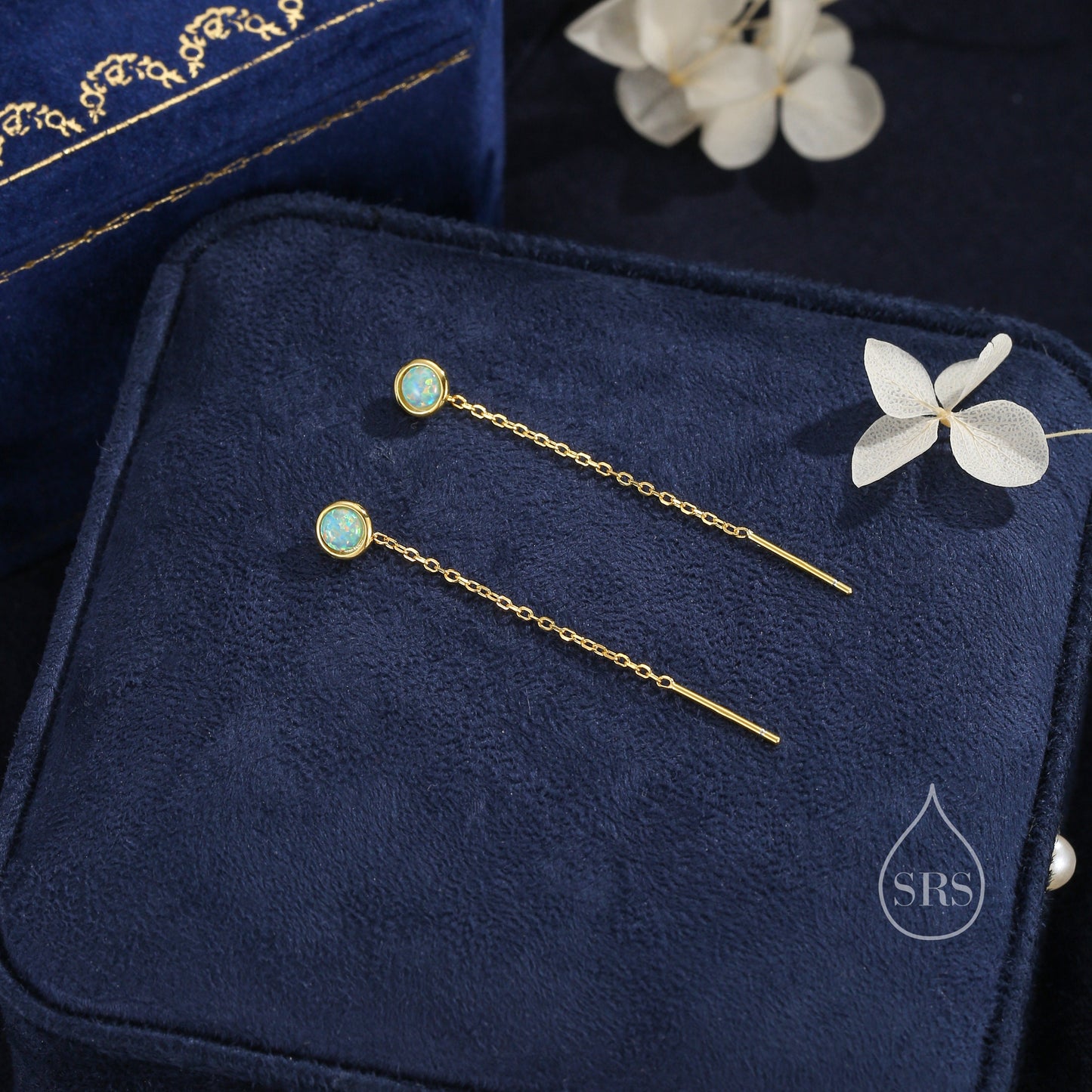 Green Opal Dot Threader Earrings in Sterling Silver, Lab Opal Ear Threaders, Silver or Gold, Green Opal Threaders, Chain Earrings