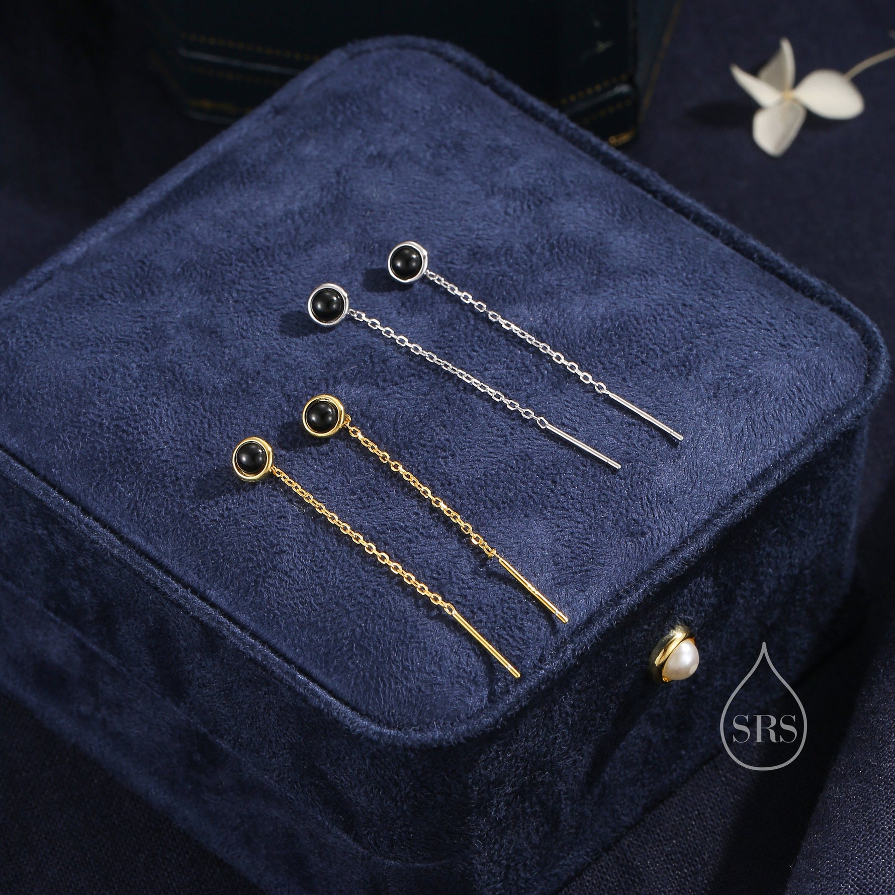 Genuine Black Onyx Dot Threader Earrings in Sterling Silver, Natural Black Onyx Ear Threaders, Silver or Gold, Chain Earrings